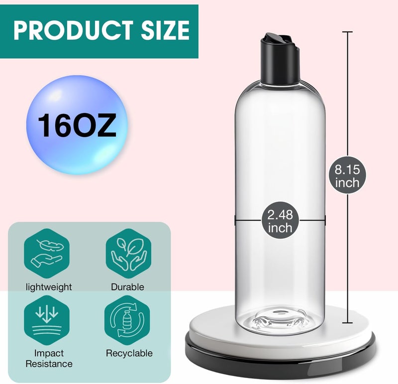 DPLASKA 6 Pcs 16 oz Clear Plastic Empty Bottles with Black Disc Top Caps, Squeezable Refillable Shampoo Bottles Travel Cosmetic Containers for Lotions, Body Soap Cream - Image 2